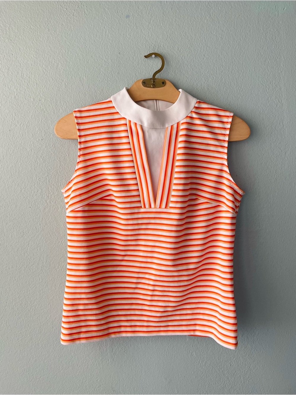 Lester Paul | Vintage 70s | Neon Orange Striped Tank Blouse Mock Neck